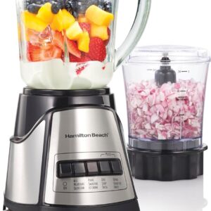 Hamilton Beach Power Elite Blender for Shakes and Smoothies with 3-Cup Vegetable Chopper Mini Food Processor, 40oz Glass Jar, 12 Functions for Puree, Ice Crush, Black and Stainless Steel (58149) Best Price