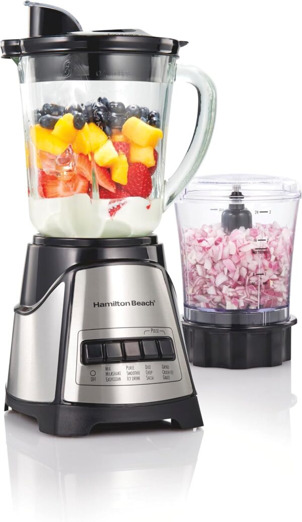 Hamilton Beach Power Elite Blender for Shakes and Smoothies with 3-Cup Vegetable Chopper Mini Food Processor, 40oz Glass Jar, 12 Functions for Puree, Ice Crush, Black and Stainless Steel (58149) Best Price