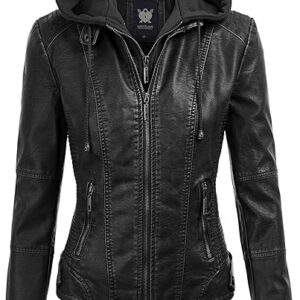 Lock and Love Women's Removable Hooded Faux Leather Jacket Moto Biker Coat